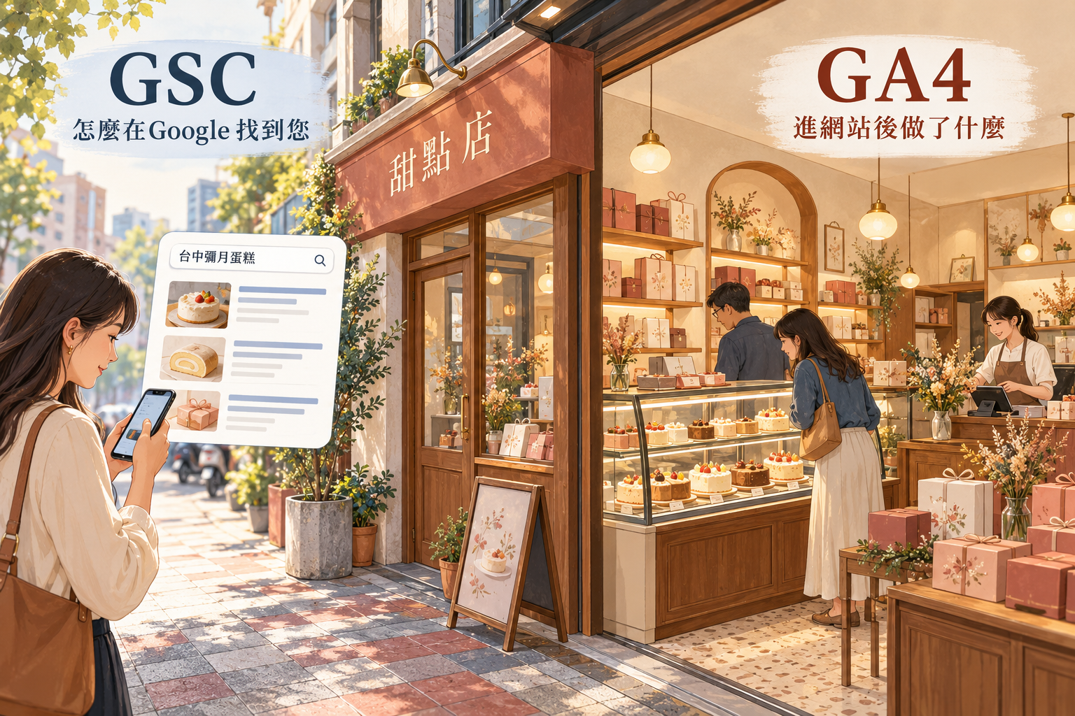 台灣甜點店示意圖：左側顧客用手機搜尋台中彌月蛋糕，對應 GSC 的搜尋表現；右側顧客瀏覽蛋糕與櫃台，對應 GA4 的網站內行為。
